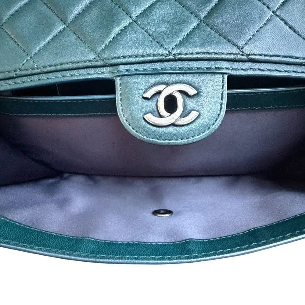 Chanel Classic Flap Jumbo Accordion Dark Green Lambskin Silver Hardware w/ COA
